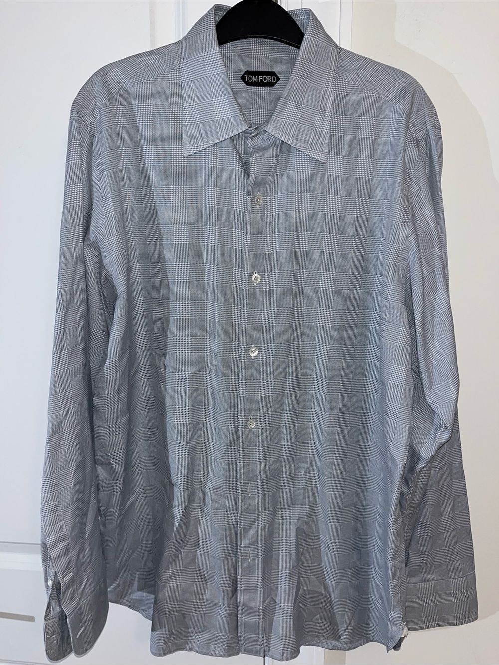 Tom Ford Gray White Houndstooth Glen Plaid Work Dress Shirt 17/43 x 35/36 Italy